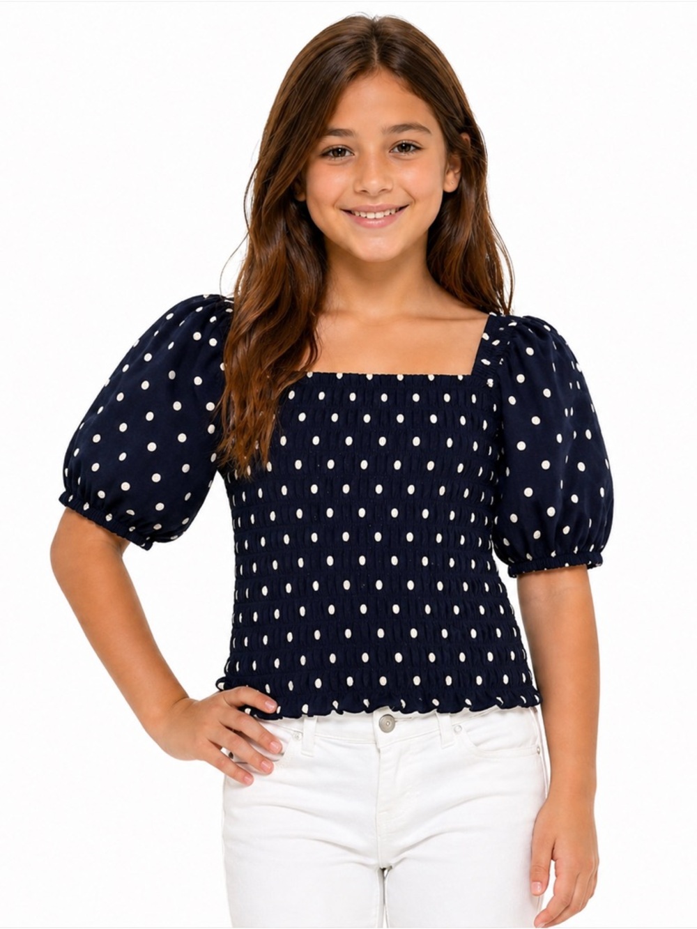 GAP Kids Girls Smocked Top L Blue Polka Dot Puff Sleeve‎ Square Neck Blouse
